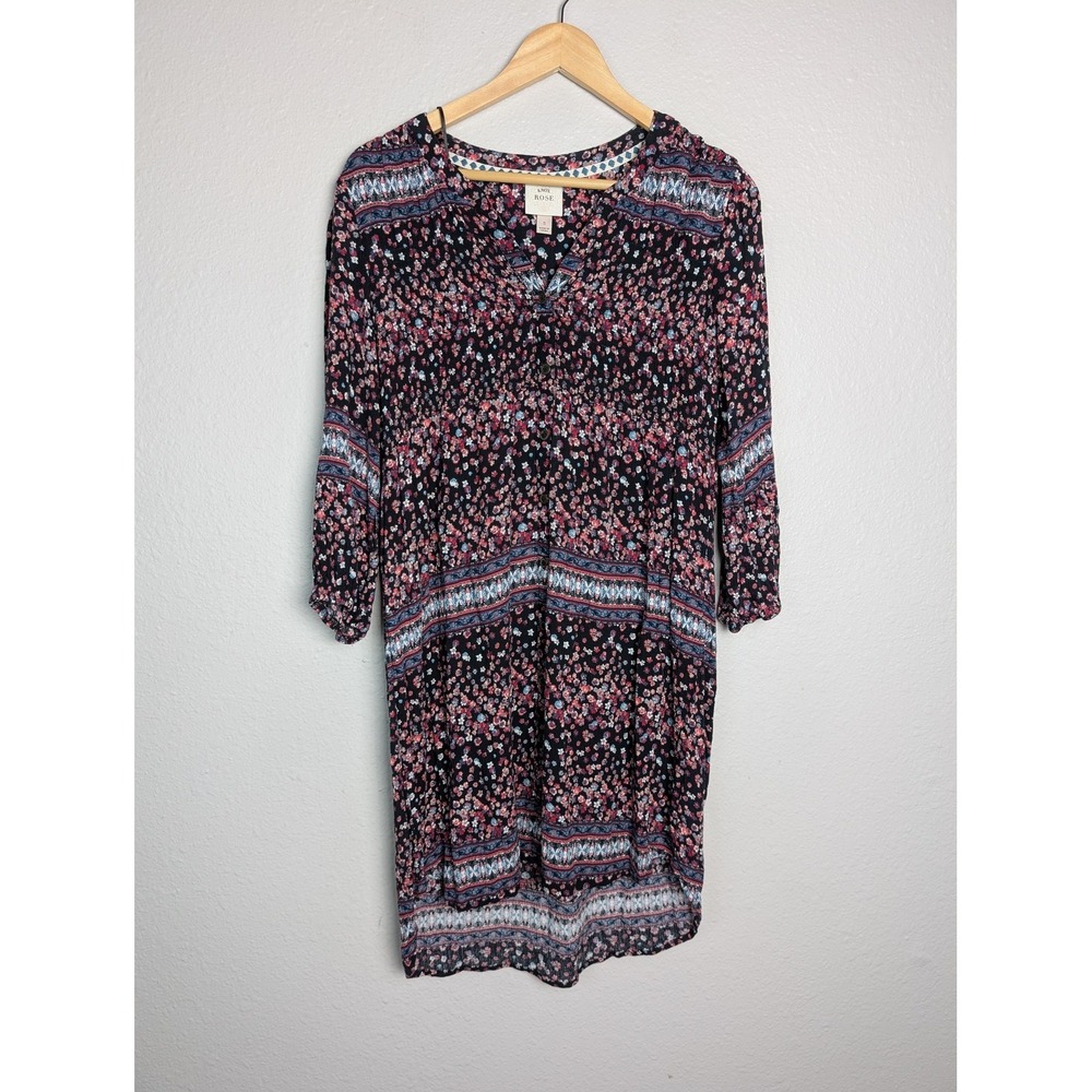 Knox Rose Dress Womens S Black Knee Length V-Neck 3/4 Puff Sleeve Smocked